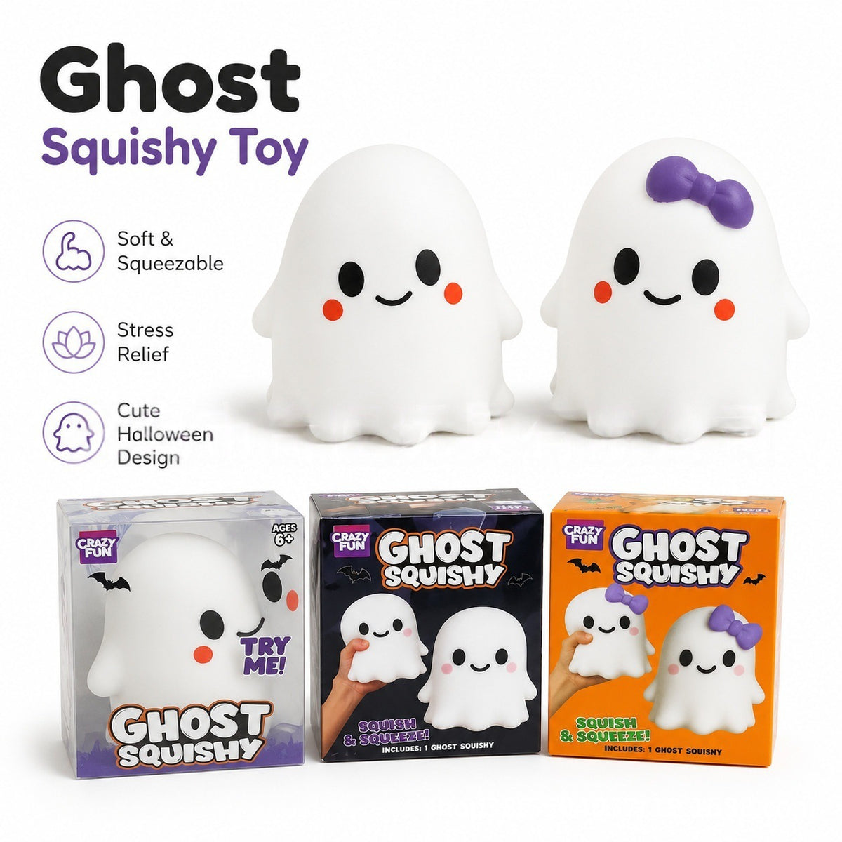 Crazy Fun Ghost Squishy Toy (White/Purple Bow) – Wholesale